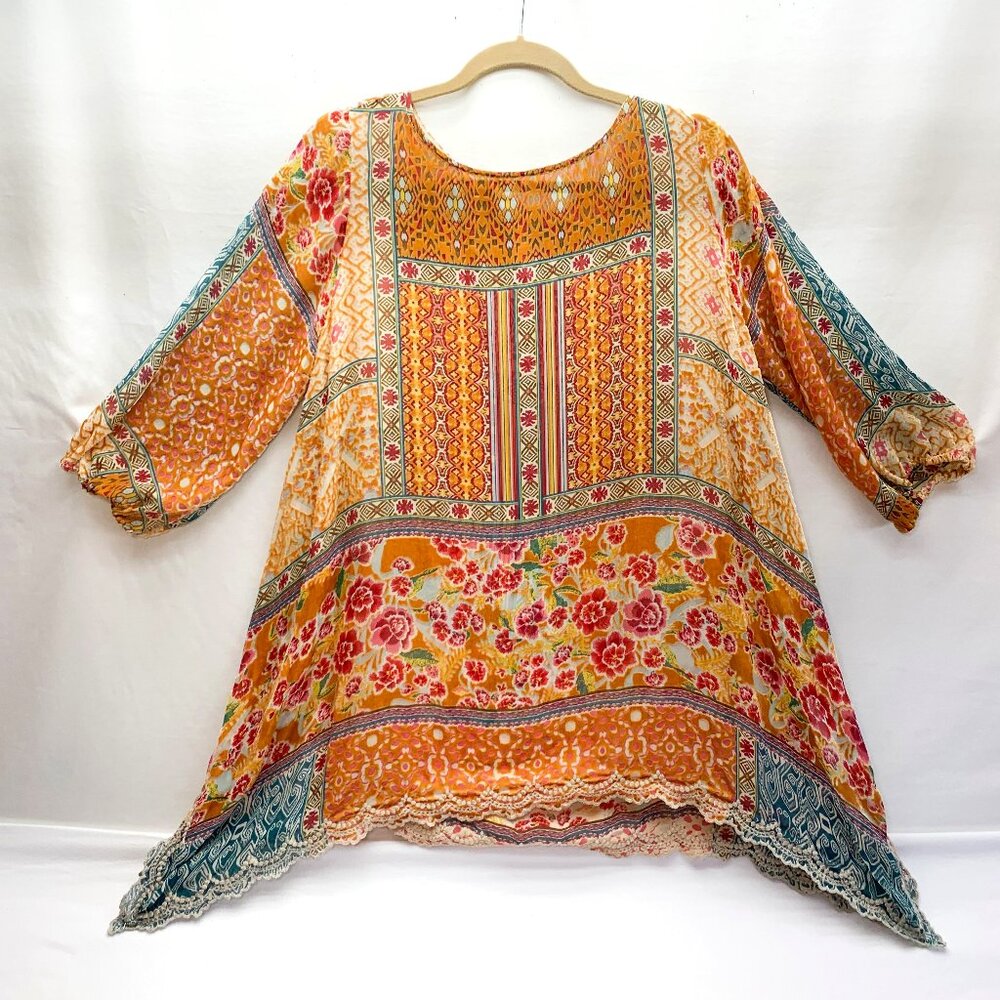 Johnny Was Women's S Floral Scalloped Hem, Gathered Sleeves, Size M